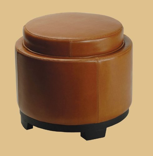 Round Cocktail Ottoman with Storage Tray in Saddle