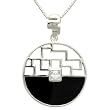 Sunrise Princess Cut Cubic Zirconia Centered Black Onyx Lattice Window Screen Sterling Silver Pendant Necklace