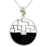 Sunrise Princess Cut Cubic Zirconia Centered Black Onyx Lattice Window Screen Sterling Silver Pendant Necklace