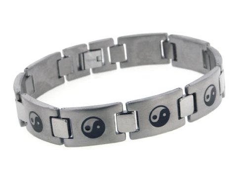Mens Black Yin Yang Symbol Titanium Metal Jewelry Link Bracelet, 8.5″ Long