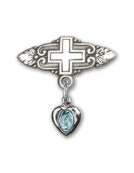 Sterling Silver Baby Badge with Blue Miraculous Charm and Badge Pin with Cross
