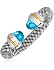 18K Yellow Gold and Sterling Silver Blue Topaz Accented Popcorn Open Bangle