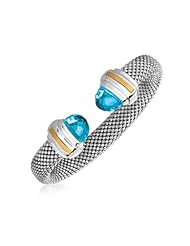 18K Yellow Gold and Sterling Silver Blue Topaz Accented Popcorn Open Bangle