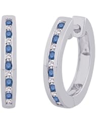 Channel Set Alternating Blue and White Diamond Huggie Earrings in 10K White Gold (1/4 cttw)
