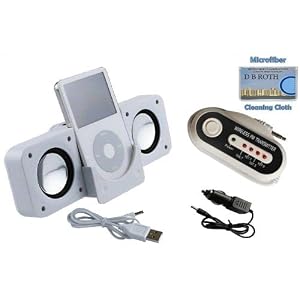Portable Speaker (White) + FM Transmitter for iPod Classic Touch Video Nano Shuffle and iPhone Incl. DBROTH Microfiber Cleaning cloth