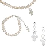 Children's White Cultured Freshwater Pearl Cross Post Earrings, Bracelet and Necklace