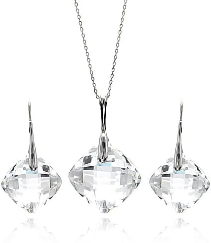 Sterling Silver Rhodium Plated Clear Diamong Shaped Square CZ Hook Earring &amp; Necklace Set