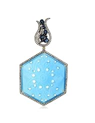 18kt Gold Blue Agate & Blue Sapphire Carved Diamond Pave Pendant Silver Jewelry