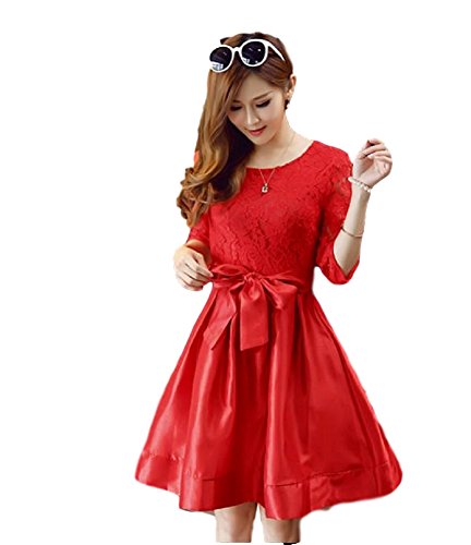 (アリエテ) Ａｒｉｅｔｅ ワンピース レディース ドレス レース 切替 リボン フレア ワンピース 赤 Ａライン 五分袖 エレガント パーティー 演奏会 謝恩会 上品 S/M/L/XL/2XL/3XL