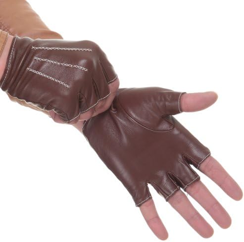 Cyrilus Authentic Men's Driving lampskin Fingerless Leather Gloves 3 lines CYM1314 (XL, Brown)