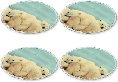Polar Bear Group White Snow Sleeping Animal Round Coaster (4 Piece) Set Fabric Rubber 5 Inch Size Luxlady Coaster Cup Mug Can Water Bottle Drink Coasters Stain Resistance Collector Kit Kitchen Table Top Desk