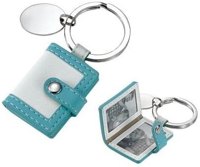 White/Light Blue - Pu Leatherette Mini Pocket Photo Frame Key Chain Ring With Oval Tag In Black Gift Box Perfect Gift For Her Him