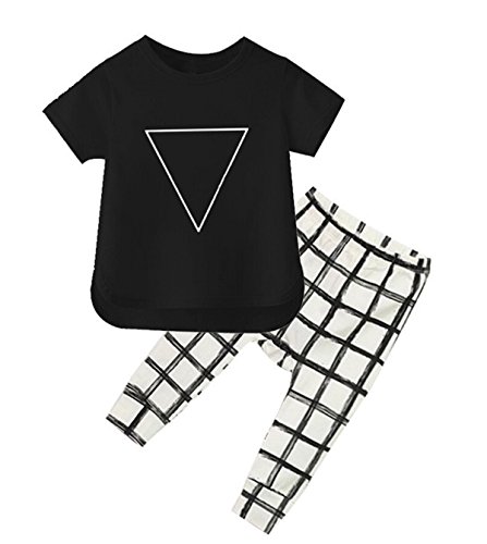 WangsCanis Baby Funky Top Pants 2 Piece Clothes Set High Low Tee Plaid Legging 10-18 Month