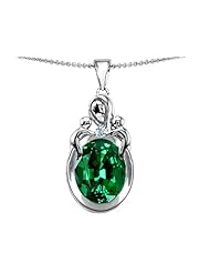 Original Star K (tm) Large Loving Mother Twin Children Pendant With Oval Simulated Emerald 11x9mm in .925 Sterling Silver