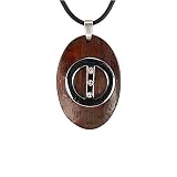 Stainless Steel Natural Redwood Cubic Zirconia Circle Line Oval Pendant w. Rubber Cord Necklace