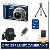 Panasonic LUMIX DMC-ZS7A, ZS7A ZS7 Blue Digital Camera, with 8 GB Memory Card, Card Reader, Deluxe Carrying Case, Mini Tripod, & 3pc. Lens Cleaning Kit