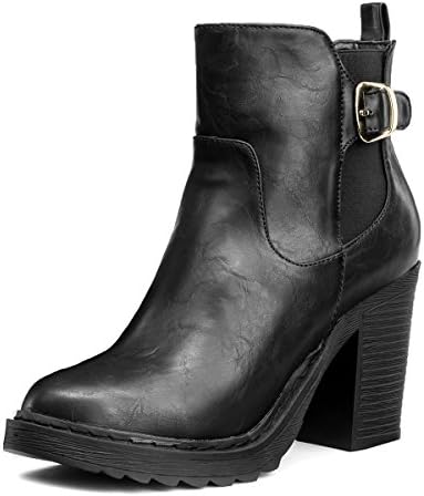 SHOEZY Women's Pu Leather Chelsea Chunky Heel Ankle Boot Elastic Zipper Black US 9