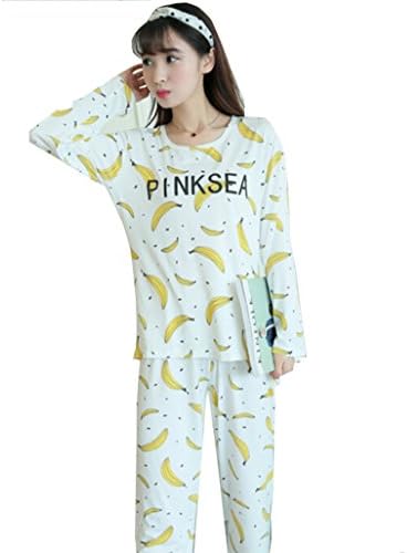 Women Long Sleeves Sleepwear Sweet Pajamas Set for teen girls (XXL suitable for weight 140-150lbs Height 65"-67", Bananas)