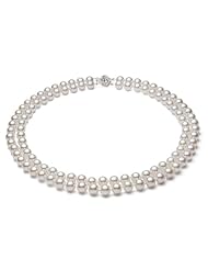 PremiumPearl 5.5-6mm White Double Strand Cultured Akoya Pearl Necklace AA+ Quality White Gold