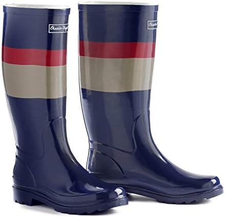 Charlie Paige Navy Blue with Red and Grey Stripes Womens Fashion Rubber Rain Boots (Size 8)