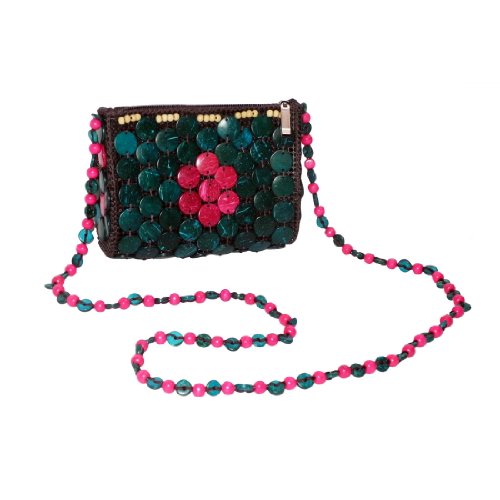 Womens Stylish Eco-Friendly Handicraft Coconut Shell Shoulder Bag / Diagonal bag - Green & Pink