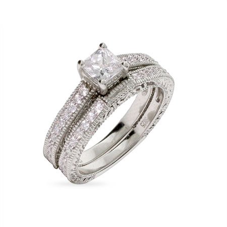 Eve's Addiction Vintage Style Princess Cut Engagement Ring Set