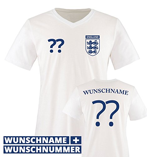 TRIKOT – ENG – WUNSCHDRUCK – Herren V-Neck T-Shirt – Weiss / Blau Gr. M