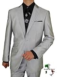 Bianco Brioni Italian Shiny Mens Suit Modern 2 Button Ticket Pocket Jacket 2pc with Flat Front Pants Hand Tailored Suit Silver