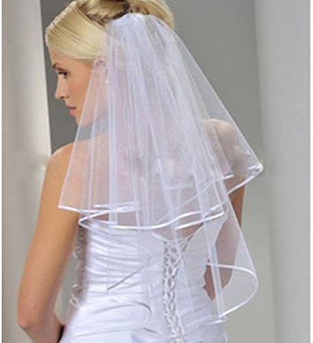 JiaFang Women's Cheap White Bridal Veils Two Layer Ribbon Edge Wedding Veil with Comb (70x90, White)