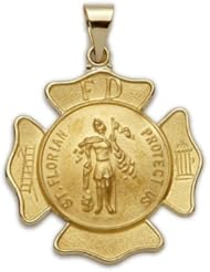 14K Gold Large Shield St. Florian Patron of Fire Fighters (Hollow Medal) 14K Gold Jewelry 14K Gold Saints Gift Boxed