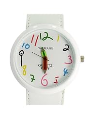WOMAGE Large Arabic Numbers White Faux Leather Band Women Men Wristwatch New
