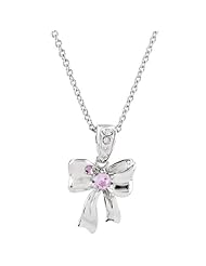 Sterling Silver, Pink Sapphire and Diamond Snow White Bow Pendant Necklace, 14" (.02 Cttw)