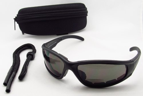 Motorcycle Biker Bifocals 2.00 for Men & Women, ANSI Z87.1 Polycarbonate Safety Smoke Lens - Free Hard Case and Sunglass Strap - AIRFOIL/SMK/2.0/HCST