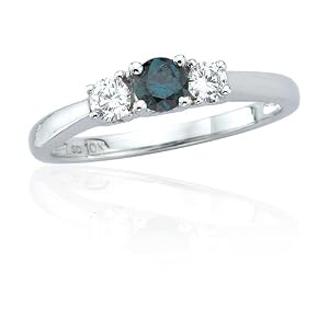 10k White Gold Blue and White Diamond 3-Stone Ring (1/4 ct Center 1/2 cttw), Size 8