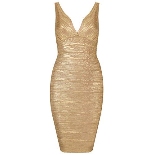 Whoinshop Women's Rayon Sexy V-neck Bandage Bodycon Strap Foil Dress Gold S