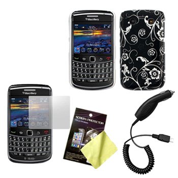 Black & White Flower Hard Case / Cover / Shell, LCD Screen Guard / Protector & Car Charger for RIM BlackBerry Bold 9700 / 9780