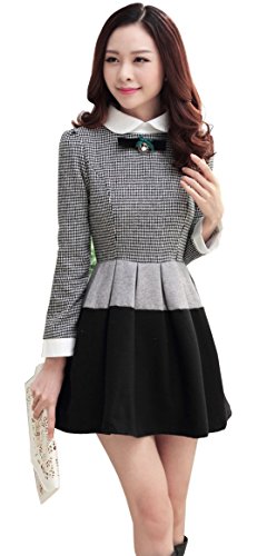 ワンピース 千鳥格子 卒業式 入学式 デート 長袖 丸襟 チェック カジュアル カジュアル キュート エレガンス レディース 秋物 冬物 可愛いスカーフ付き R512