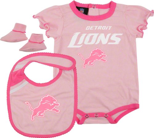 Detroit Lions Newborn Pink Creeper, Bib, and Bootie Set