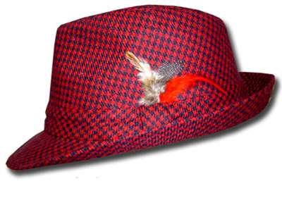 RED NAVY HOUNDSTOOTH FEATHER FEDORA TRILBY HAT LARGE XL