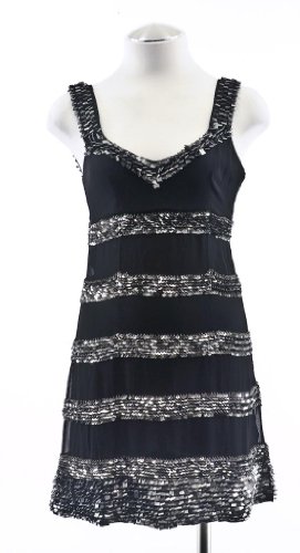 French Connection Black Buzzy Beaded Slip On V-Neck Mini Cocktail Dress 6