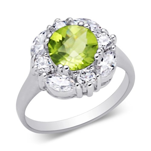 One of a kind 2.00 carats total weight Round Shape Checker Board Peridot & White CZ Size 8 Gemstone Ring in Sterling Silver