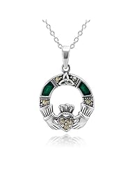 925 Sterling Silver Green Enamel Marcasite Claddagh Celtic Knot Pendant Necklace 18" for Women