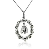 Sterling Silver Marcasite Oval Bee Pendant, 18"