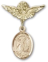 14K Gold Baby Badge with St. Fiacre Charm and Angel with Wings Badge Pin