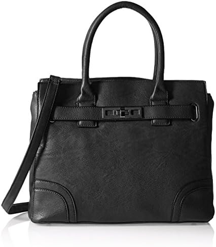 DEL MANO Belted Satchel with Turn Lock Hardware Convertible Top Handle Bag, Black, One Size
