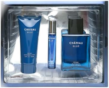 Chateau Blue Cologne for MEN 3 Piece Set; Cologne 3.4 Fl. Oz, Travel Cologne 0.7 Fl. Oz. And Moisturizer Lotion