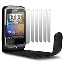 HTC WILDFIRE (NOT WILDFIRE S PHONE) PREMIUM PU LEATHER FLIP CASE - BLACK, WITH 6-IN-1 SCREEN PROTECTOR PACK PART OF THE QUBITS ACCESSORIES RANGE