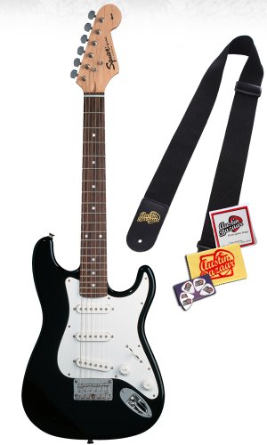 Squier by Fender Mini, Rosewood Fretboard Bundle with Levy's Nylon Strap, Guitar Strings, Polishing Cloth, and Pick Card - Black