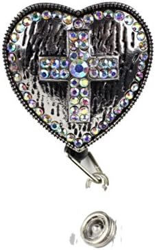 3TEN Heart Shaped Shield Crystal Cross Pull Reel Badge ID Holder Iridescent
