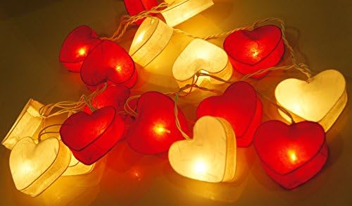 Exotic Elegance Set of 20 Heart Mulberry Paper String Lights /Home Decor/ Valentine's Party, Red and White.